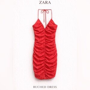 ZARA Red Ruched Bodycon Mini Dress Spaghetti Strap Size M